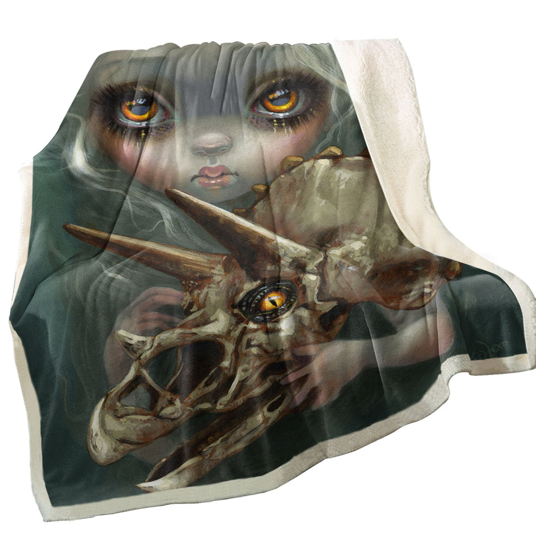 Cool Dark Art Girl Holds Resurrected Triceratops Sherpa Blanket