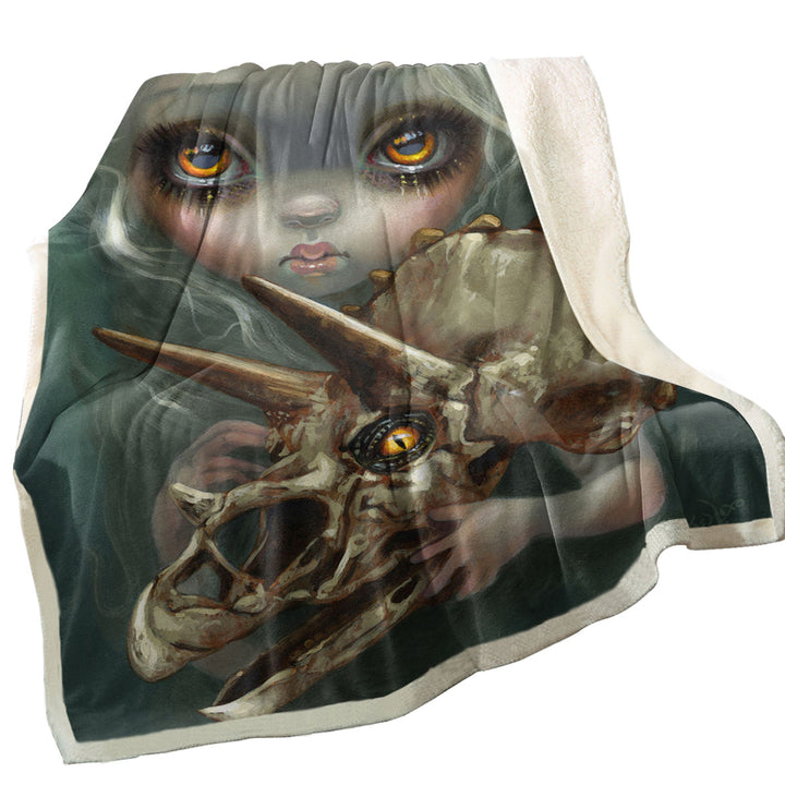 Cool Dark Art Girl Holds Resurrected Triceratops Sherpa Blanket