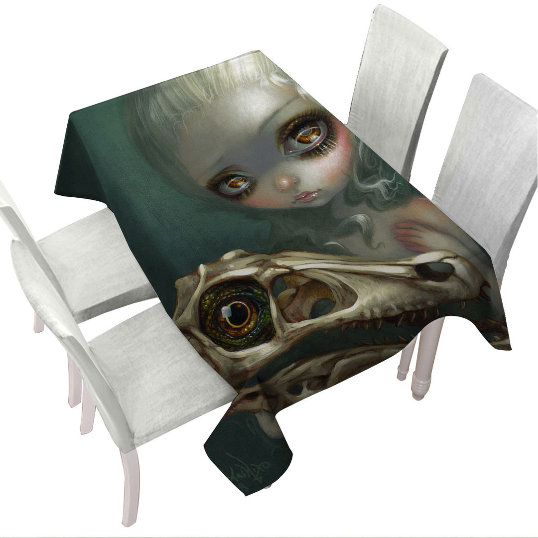 Cool Dark Art Girl Holds Resurrected Velociraptor Tablecloth