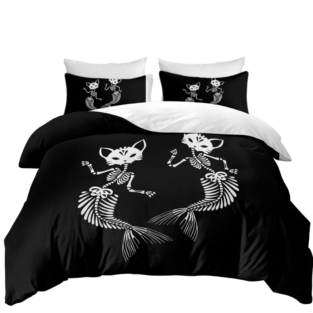 Cool Day of the Dead Mermaid Cat Skeletons Duvet Cover