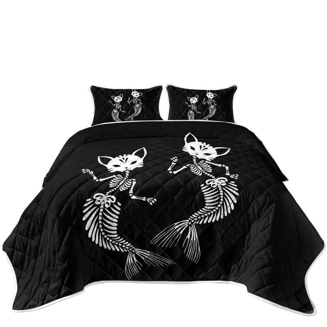 Cool Day of the Dead Mermaid Cat Skeletons Quilts for sale