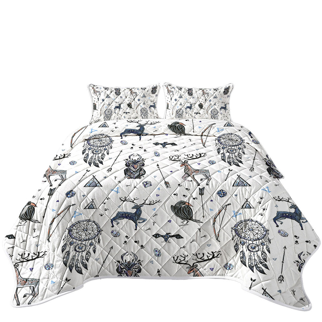 Cool Deer and Owl in Native American Pattern King Size Quilt