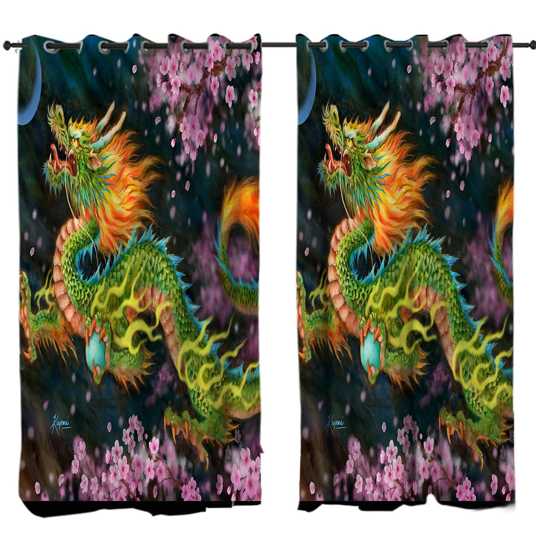 Cool Fantasy Art Cherry Blossom Dragon Window Curtains