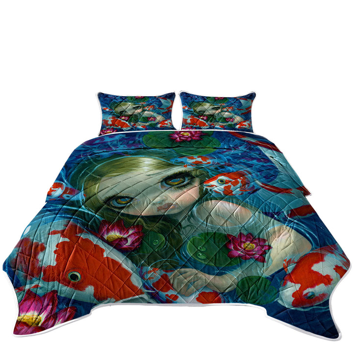 Cool Fantasy Art Swimming with Koi Mermaid King Size Bedspreads