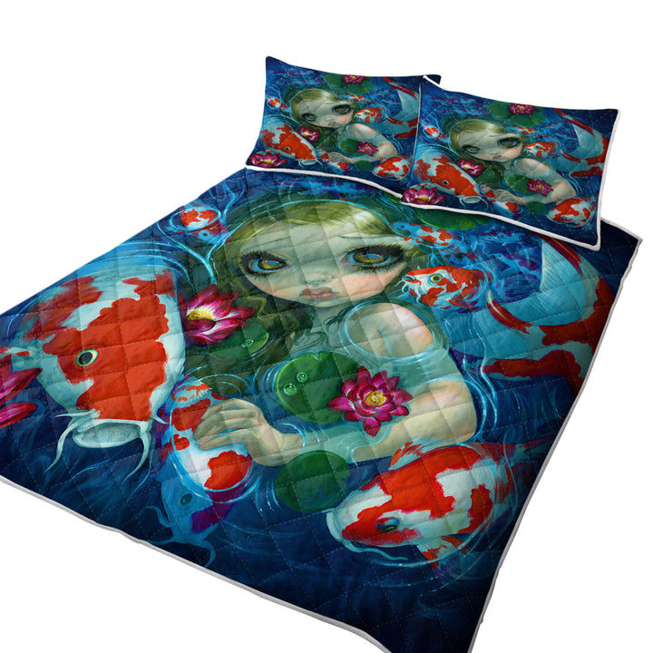 Cool Fantasy Art Swimming with Koi Mermaid Summer Quilt