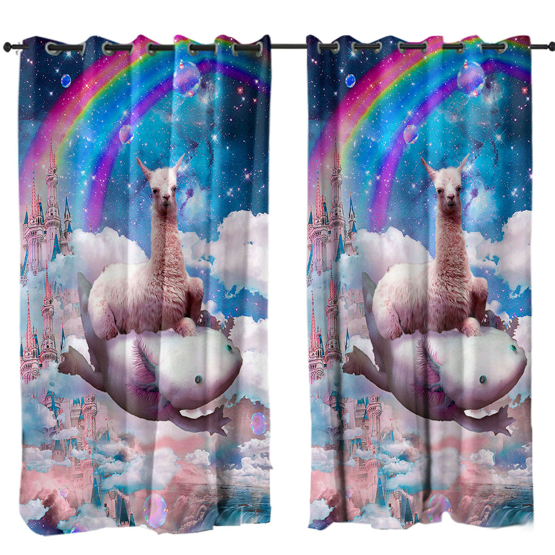 Cool Fantasy Crazy Space Llama Riding Axolotl Drapes for Living Room