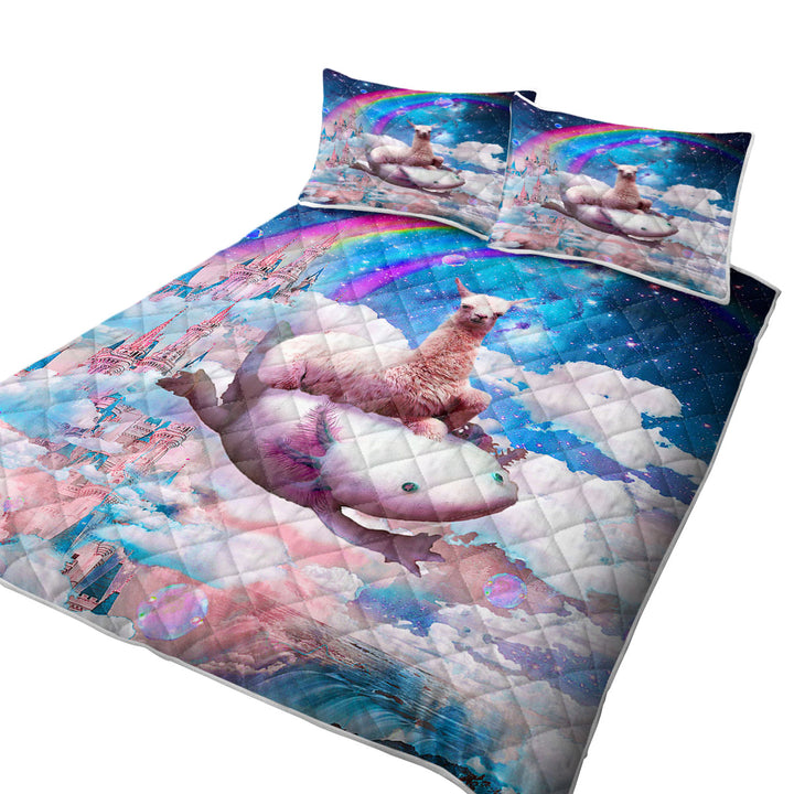 Cool Fantasy Crazy Space Llama Riding Axolotl Quilts
