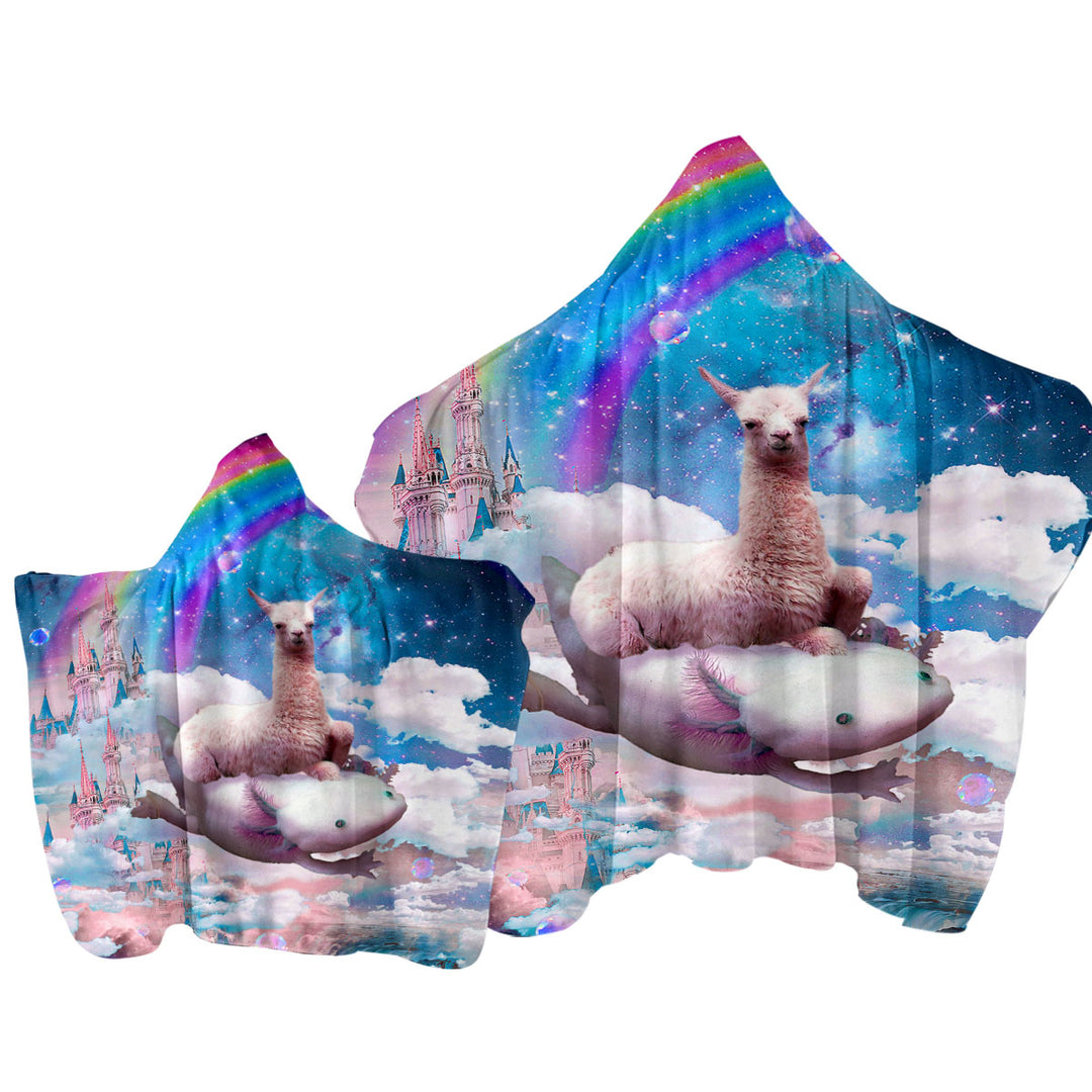 Cool Fantasy Crazy Space Llama Riding Axolotl Towel with Hood