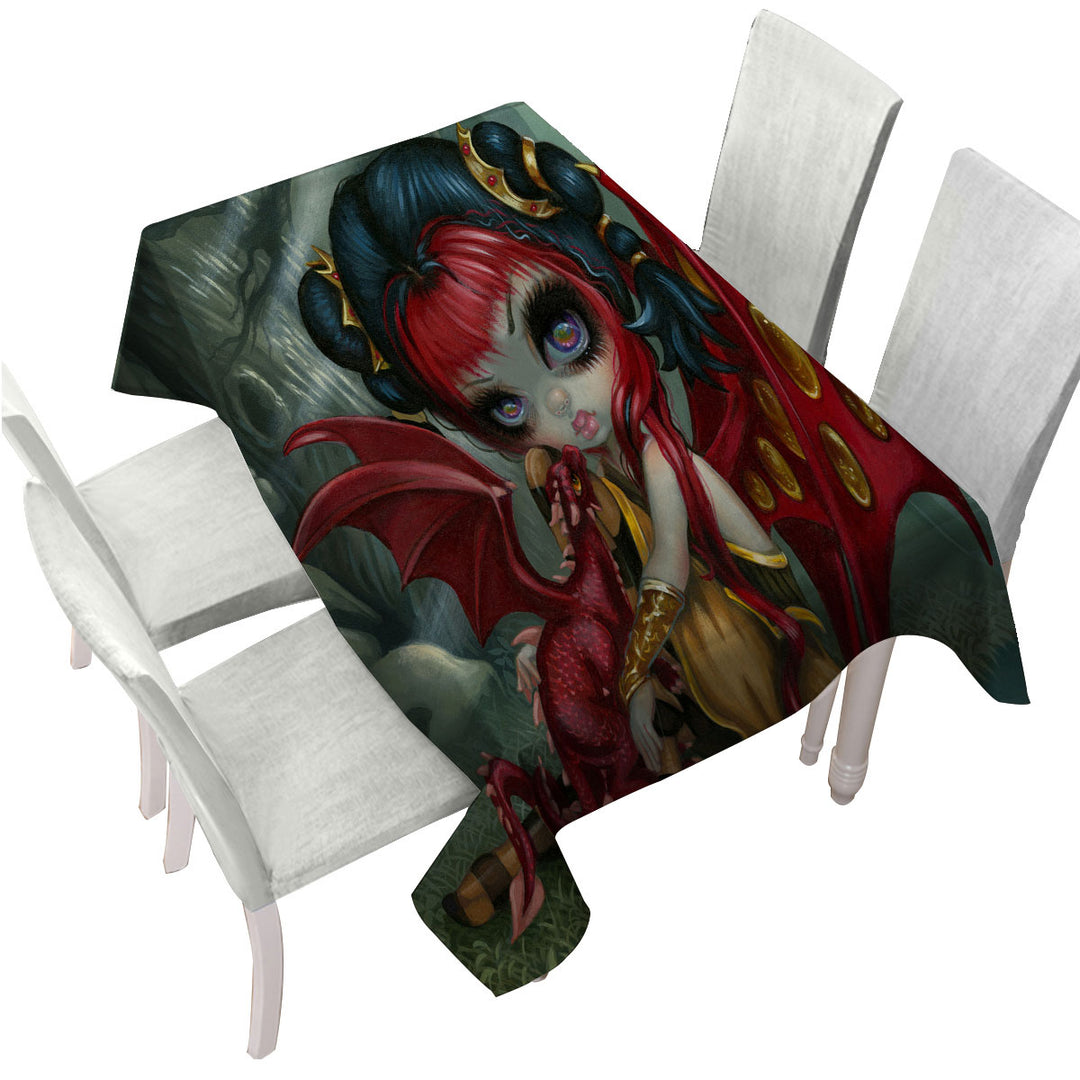 Cool Fantasy Dragon Fairy and Amber Dragonling Printed Tablecloth