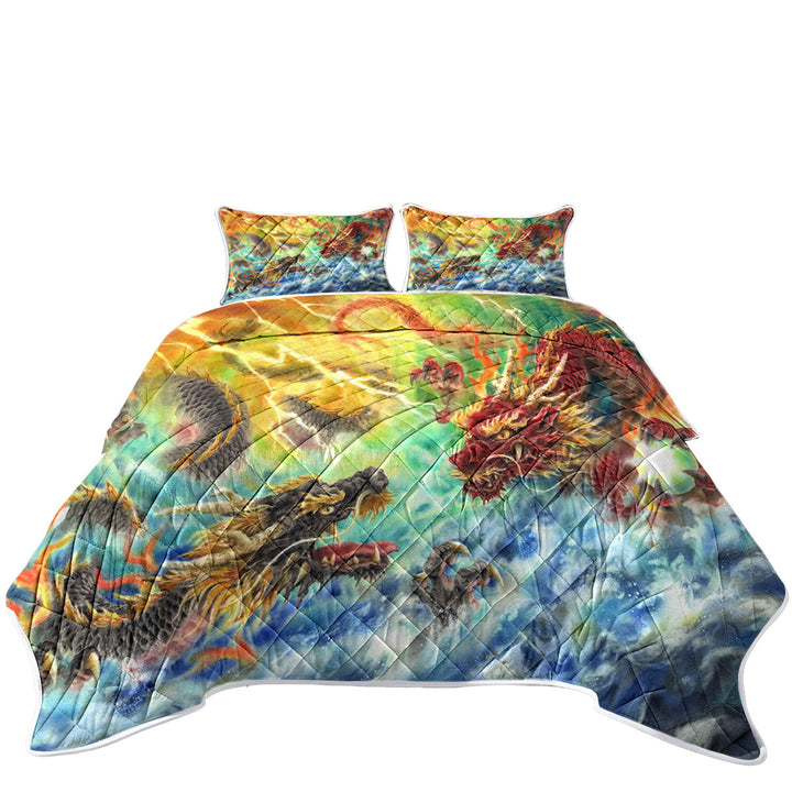 Cool Fantasy Fire vs Water Encountering Dragons King Quilt