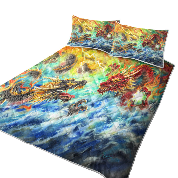 Cool Fantasy Fire vs Water Encountering Dragons Quilts for sale