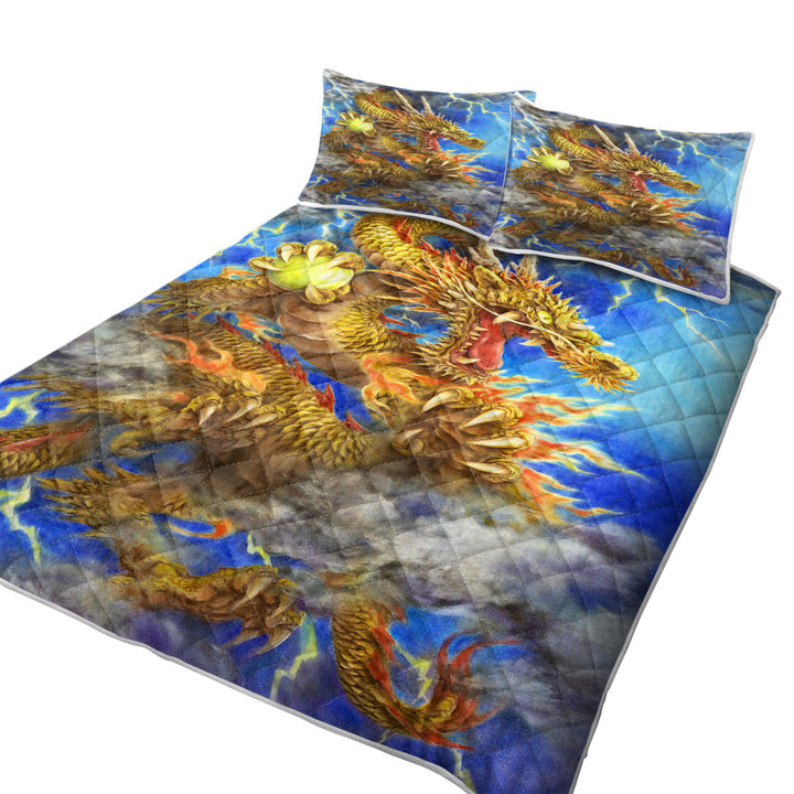 Cool Fantasy Lightning Storm and Golden Dragon Coverlet