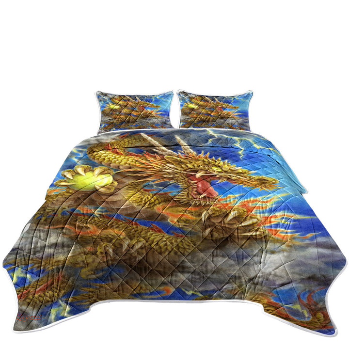 Cool Fantasy Lightning Storm and Golden Dragon Coverlets