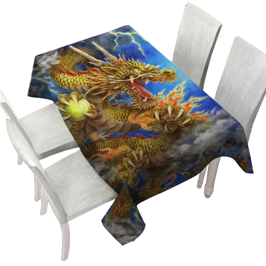 Cool Fantasy Lightning Storm and Golden Dragon Tablecloths
