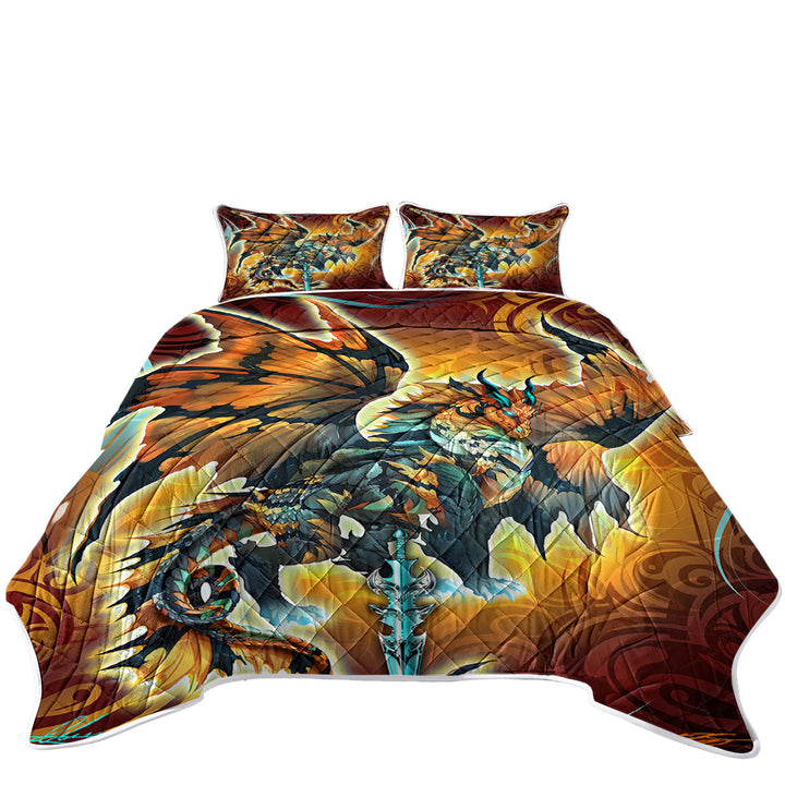 Cool Fantasy Weapon Orange Dragon Thunder Blade King Size Bedspreads
