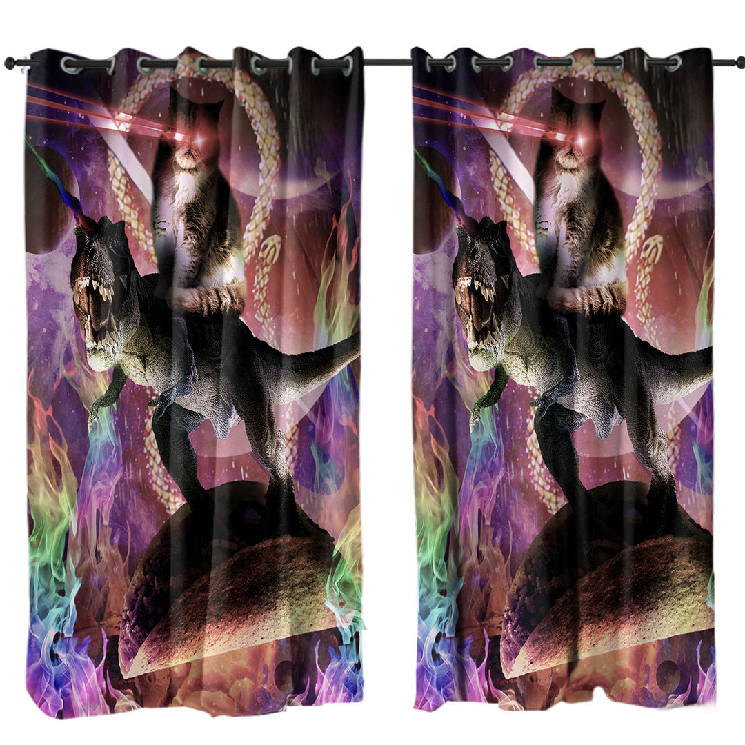 Cool Fiction Animals Evil Cat Riding Dinosaur Curtain