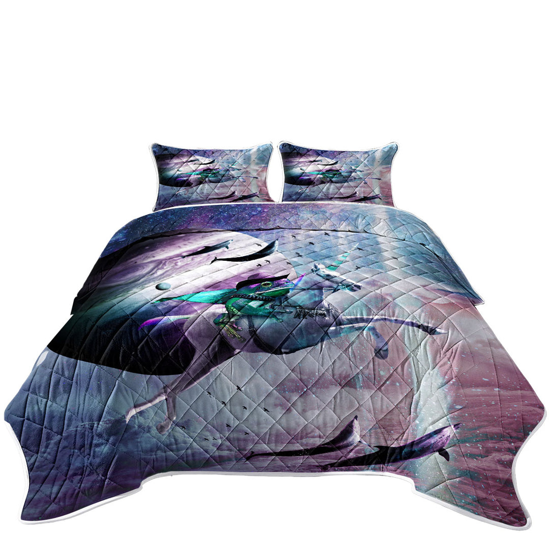 Cool Funny Crazy Art Epic Frog Riding Unicorn in Space Quilts