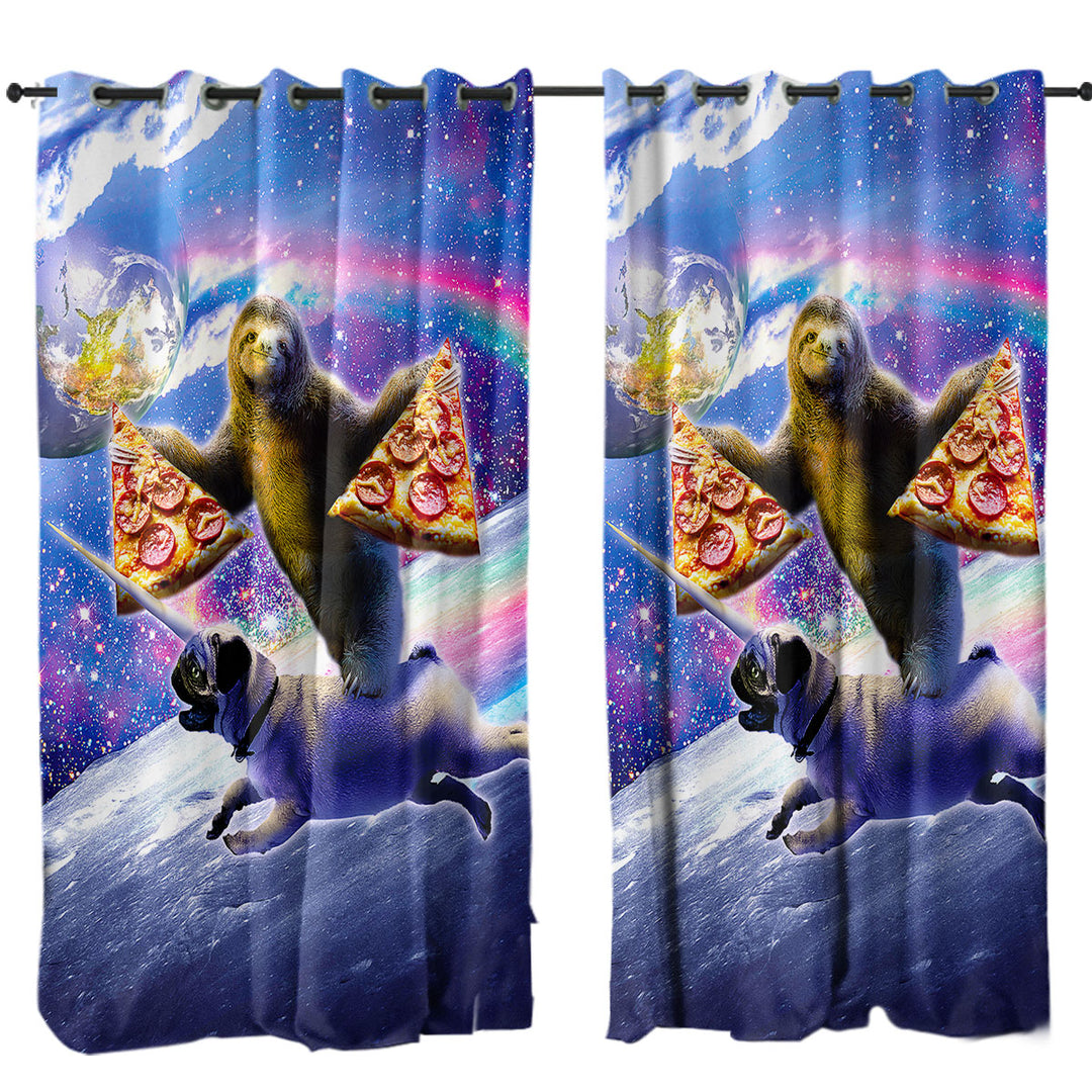 Cool Funny Space Pizza Sloth Riding Pug Dog Curtain