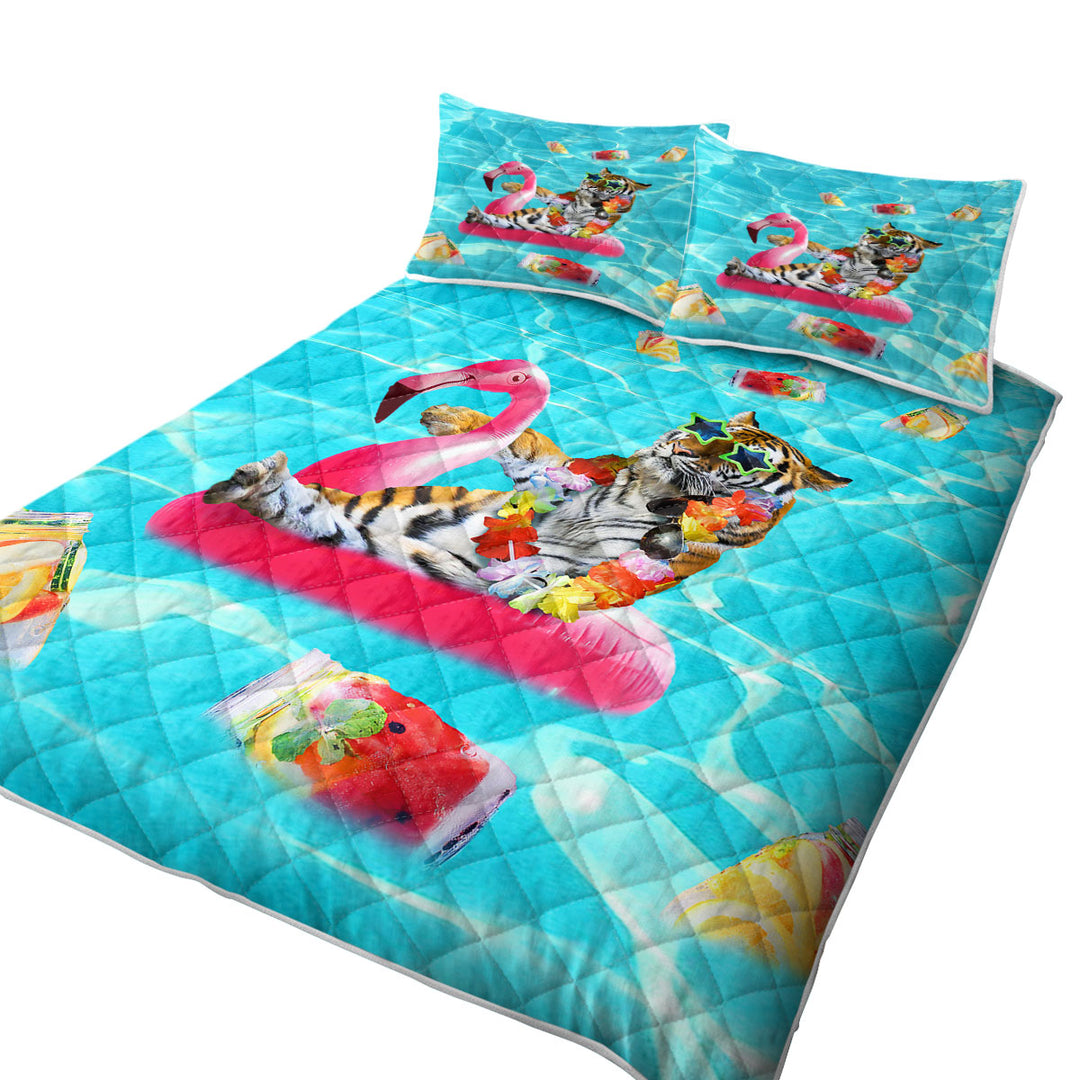 Cool Funny Vacation Tiger on Flamingo Floatie Coverlets