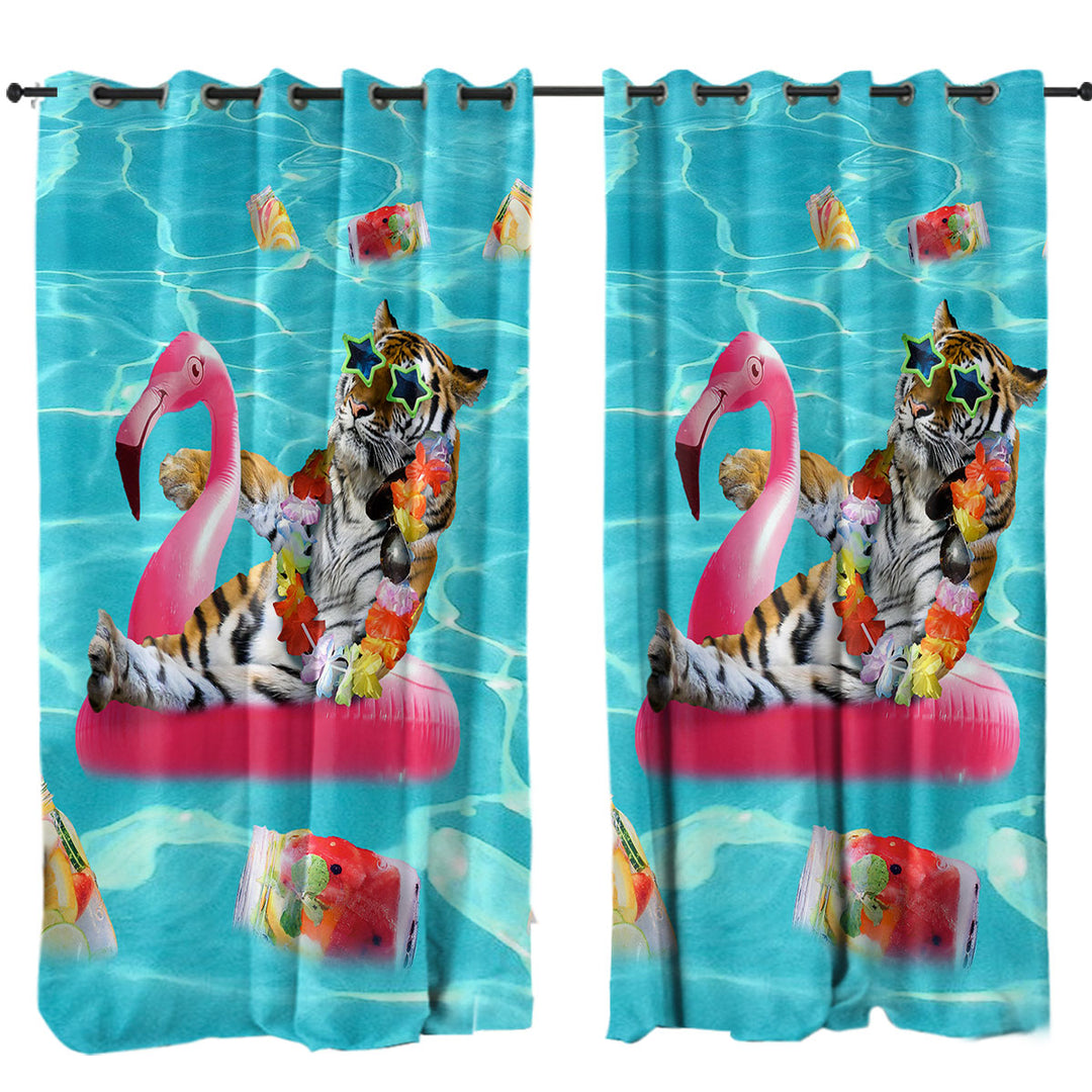 Cool Funny Vacation Tiger on Flamingo Floatie Drapes for Living Room