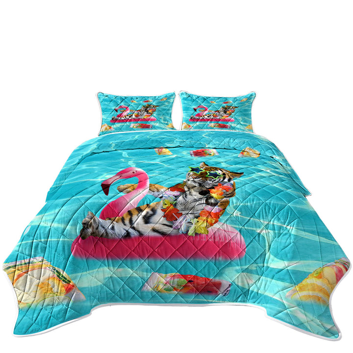 Cool Funny Vacation Tiger on Flamingo Floatie Quilt