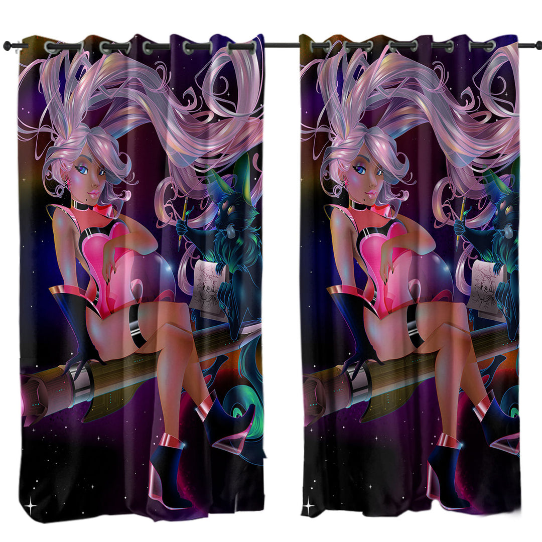 Cool Galactic Girl with Alien Cat Curtain
