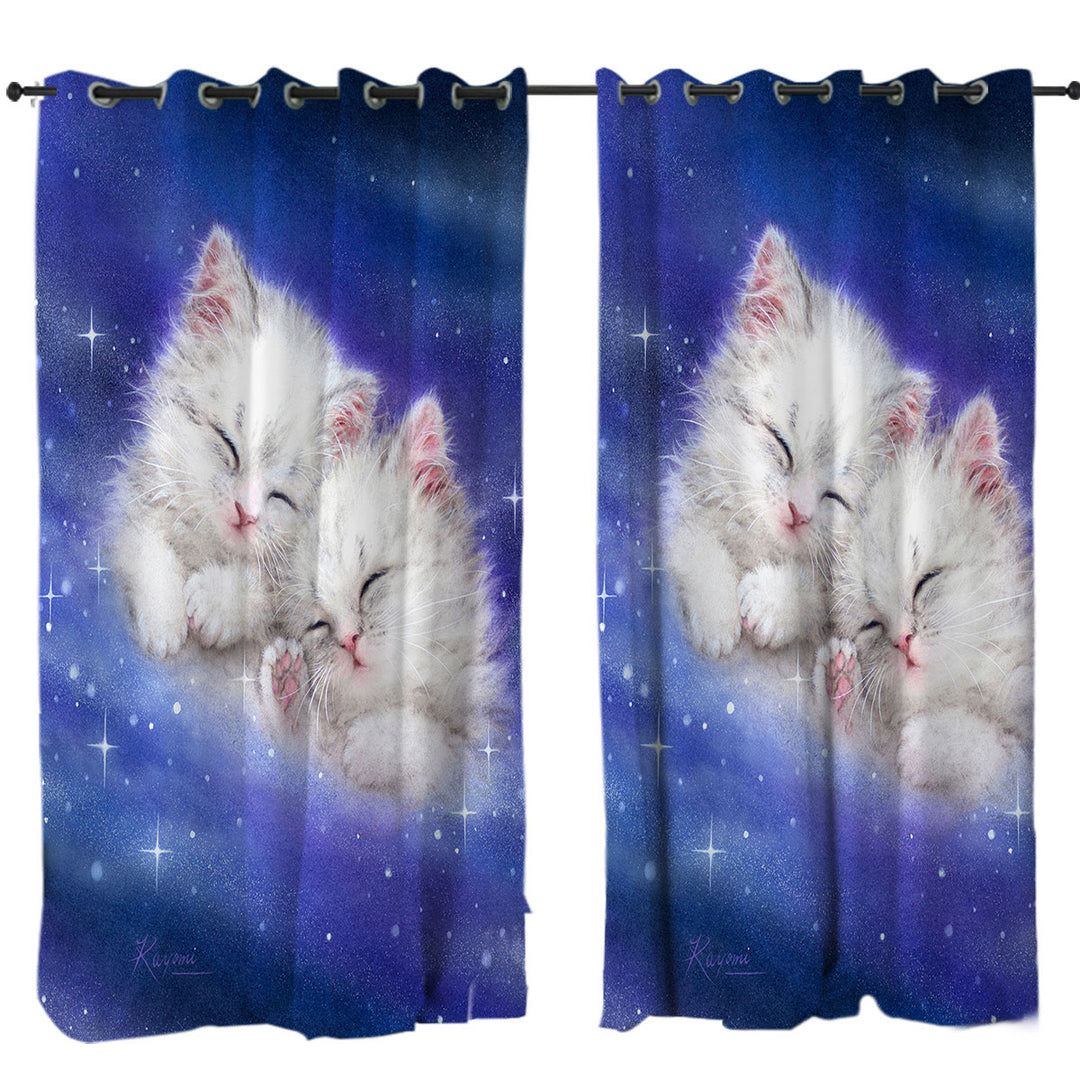 Cool Galaxy Dream Cute White Kittens in Space Curtains for Bedroom