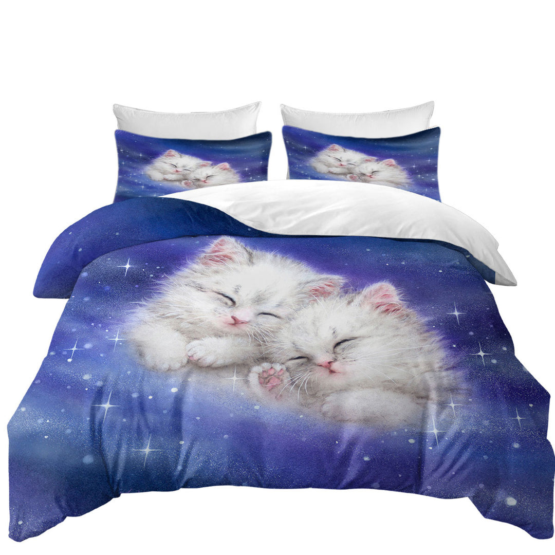 Cool Galaxy Dream Cute White Kittens in Space Duvet Cover