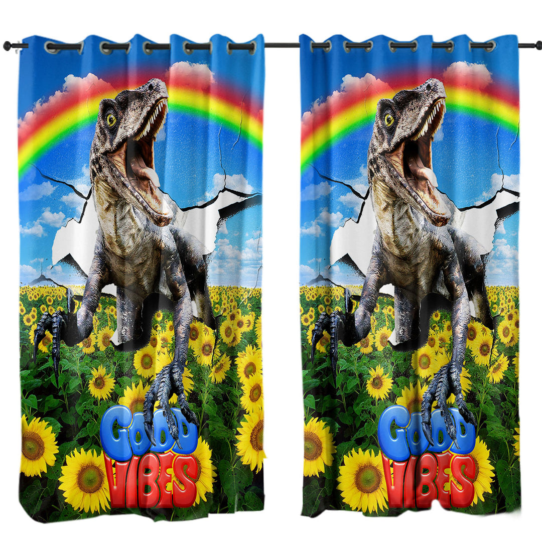 Cool Good Vibes Rainbow Sunflower Field and Raptor Dinosaur Curtains for Bedroom