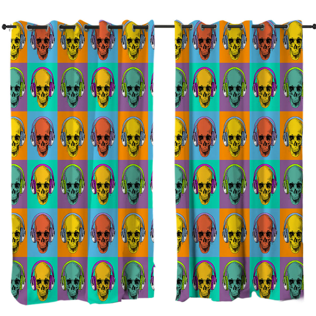 Cool Multi Colored Panel of Hipster Skulls Curtain