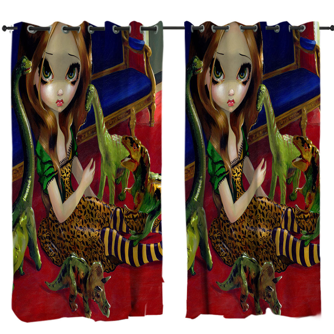 Cool Painting Cute Girl and Dinosaur Friends Curtains for Living Room
