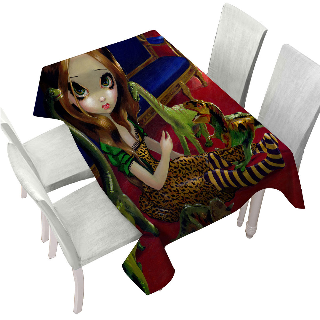 Cool Painting Cute Girl and Dinosaur Friends Custom tablecloths