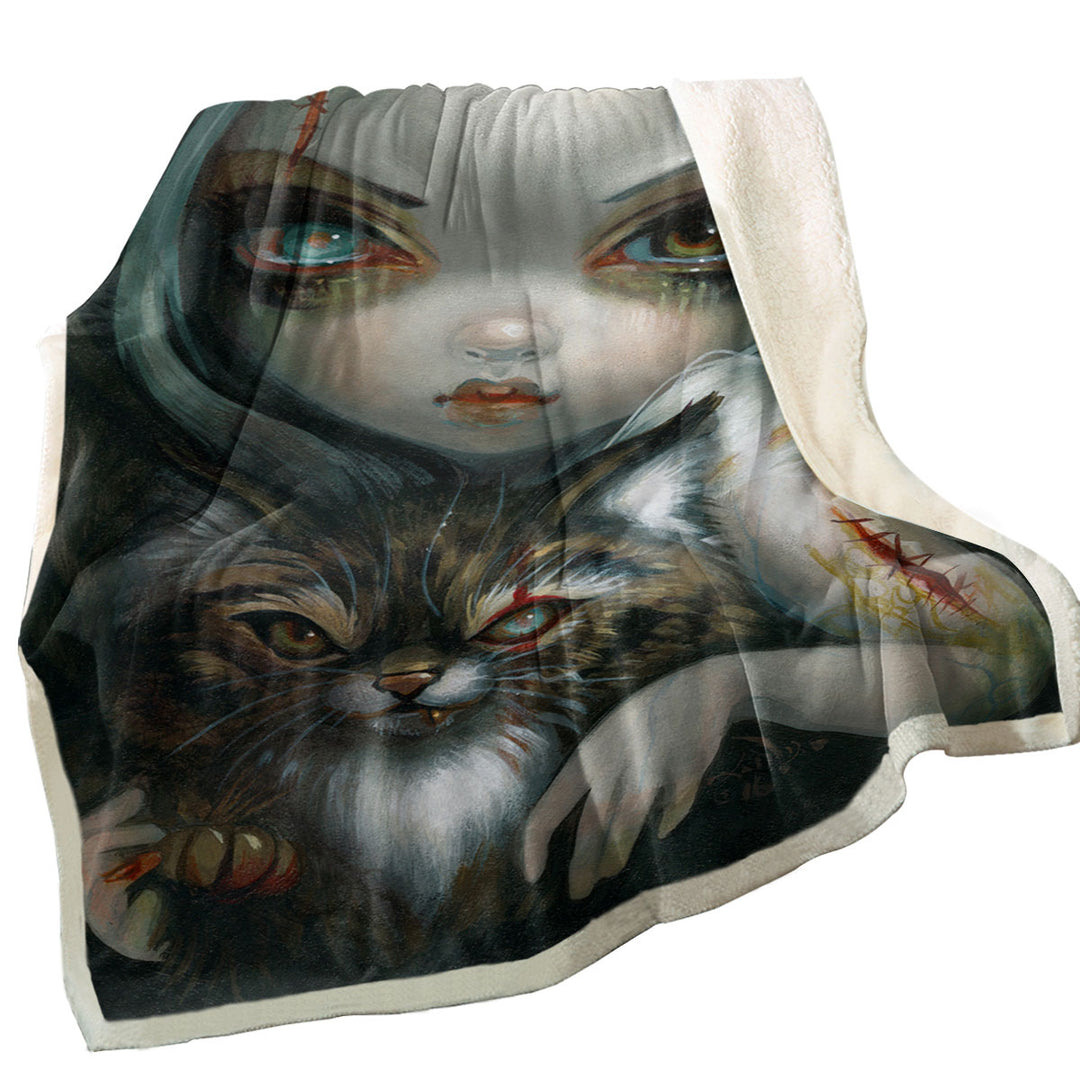 Cool Sofa Blankets Scary Art Zombie Kitty and Pretty Zombie Girl