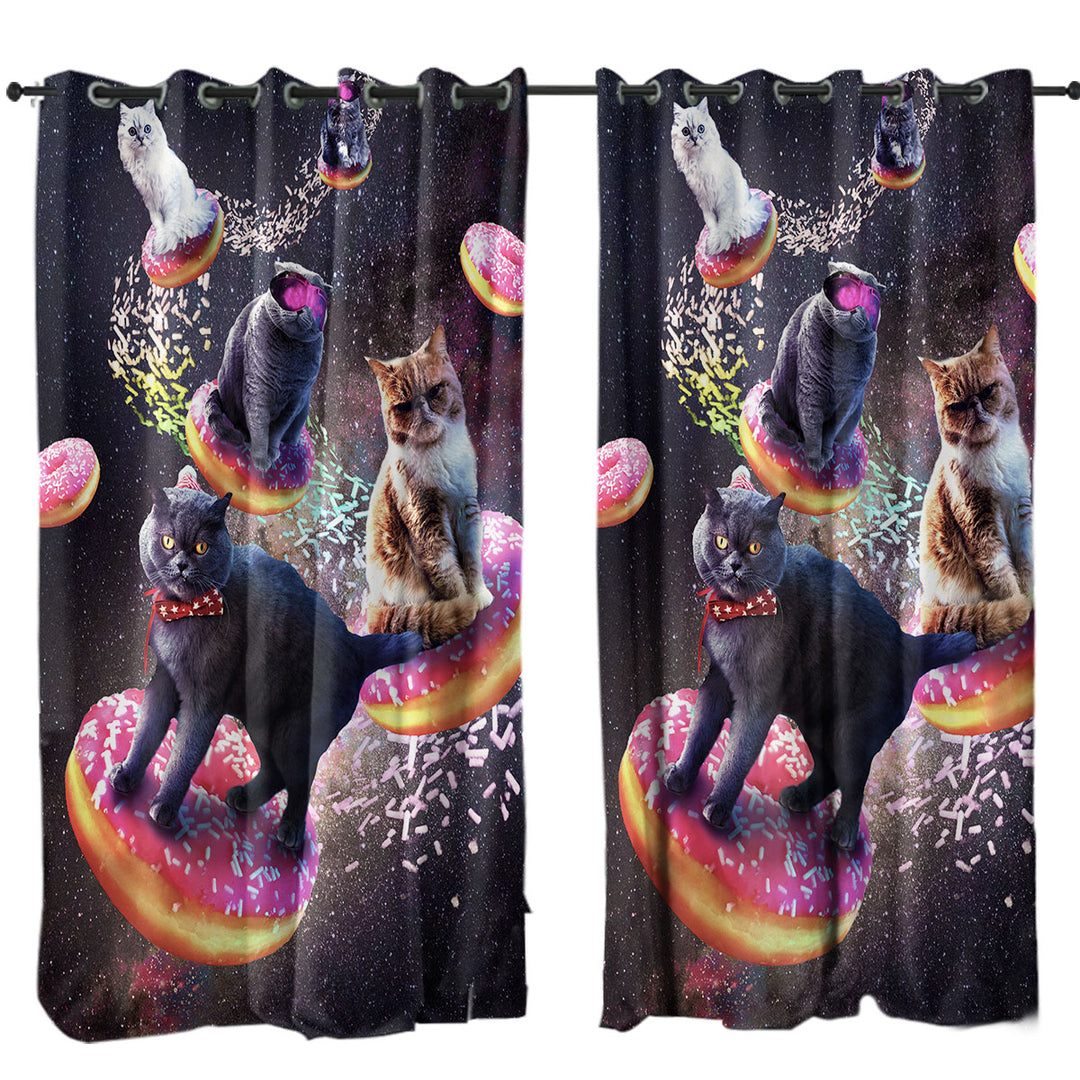 Cool Space Galaxy Cats Riding Donuts Curtains for Living Room