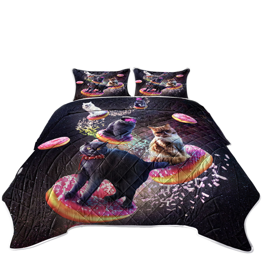Cool Space Galaxy Cats Riding Donuts Quilt