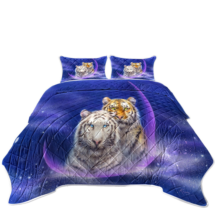 Cool Space Milky Way Orange and White Tigers King Size Quilt Sets