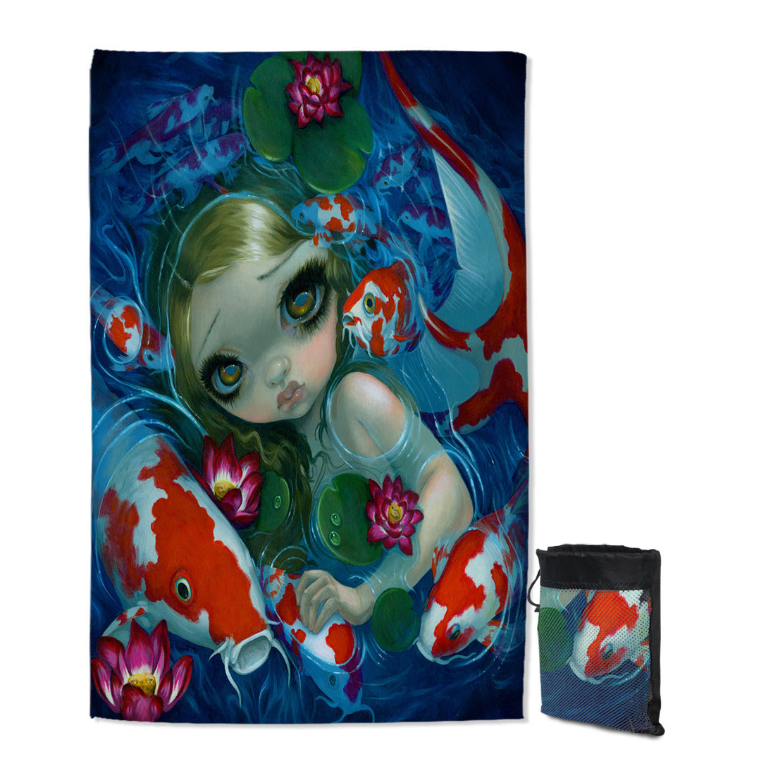 Cool Travel Beach Towel Fantasy Art Swimming with Koi Mermaid