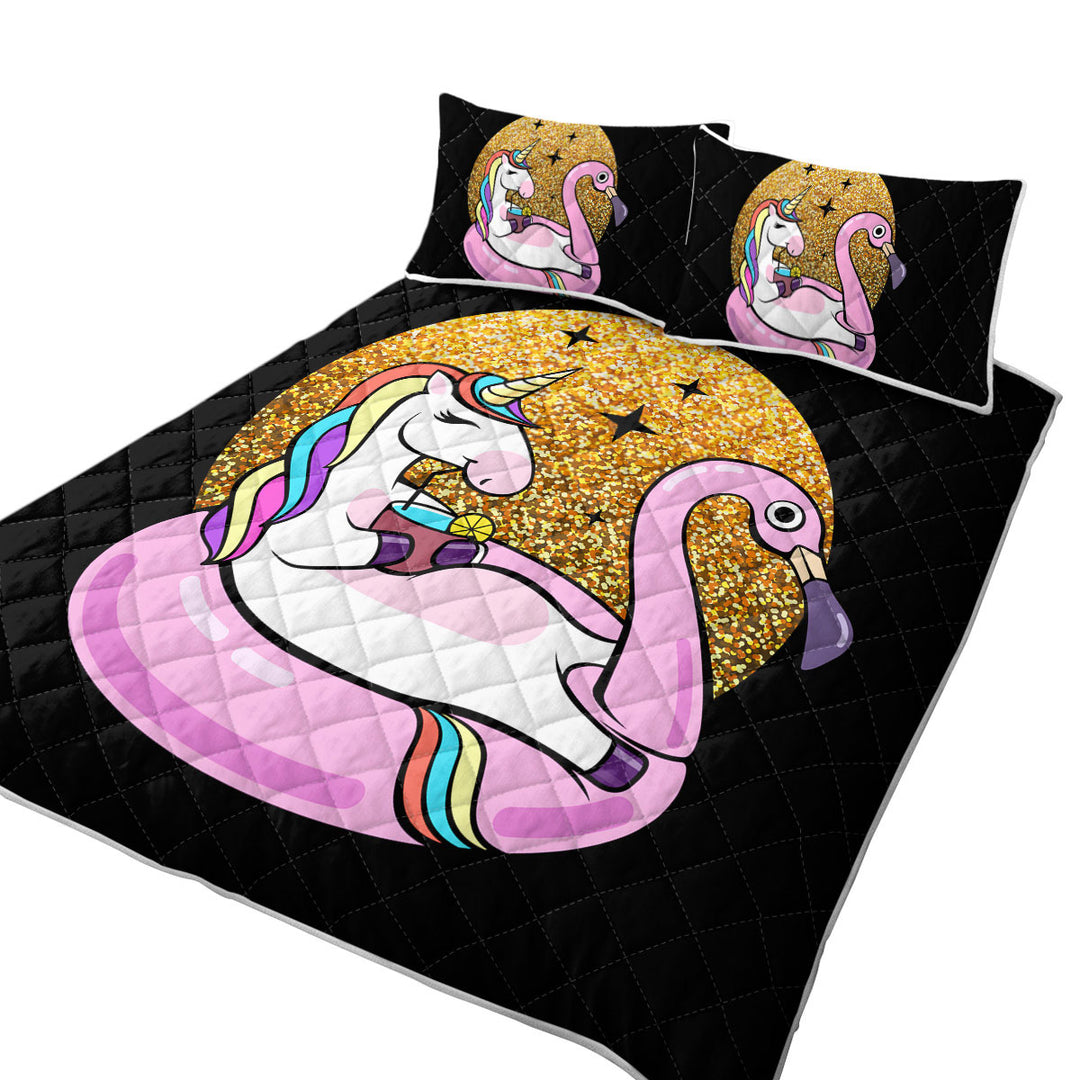 Cool Unicorn Chilling on Flamingo Float Coverlets