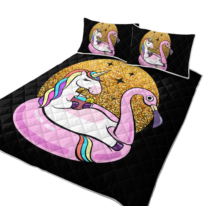 Cool Unicorn Chilling on Flamingo Float Coverlets