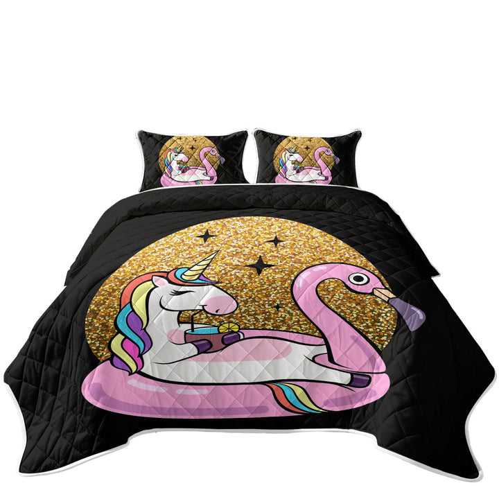 Cool Unicorn Chilling on Flamingo Float King Size Quilt Sets