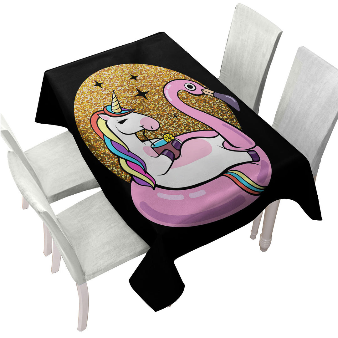 Cool Unicorn Chilling on Flamingo Float Tablecloth