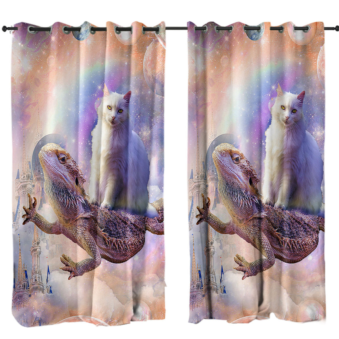 Cool White Cat Riding a Dragon Lizard in Space Drapes