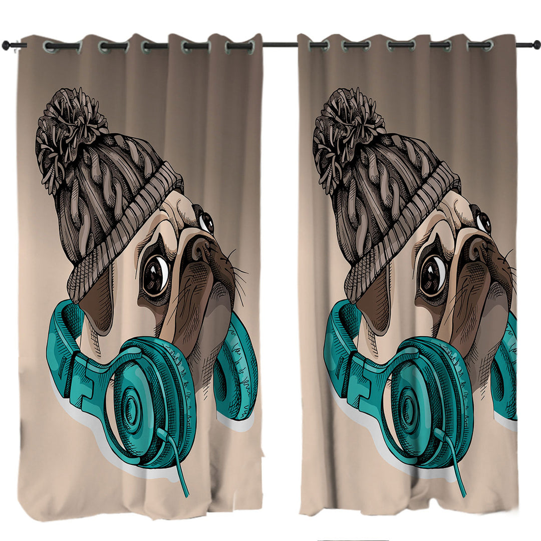 Cool Winter Pug Wearing Headphones Curtain