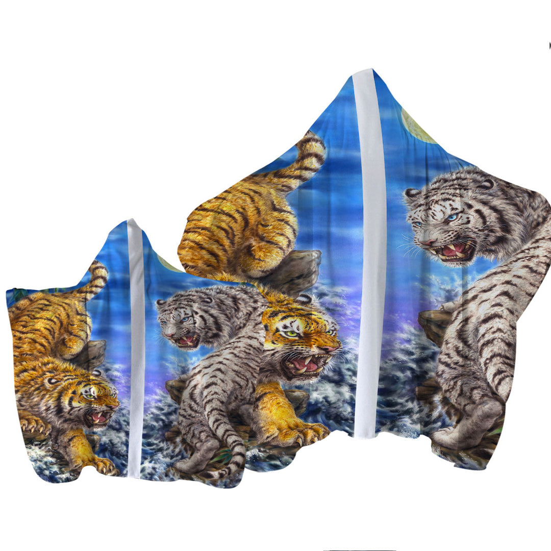 Cool Yin and Yang Orange Tiger vs White Tiger Hooded Beach Towel