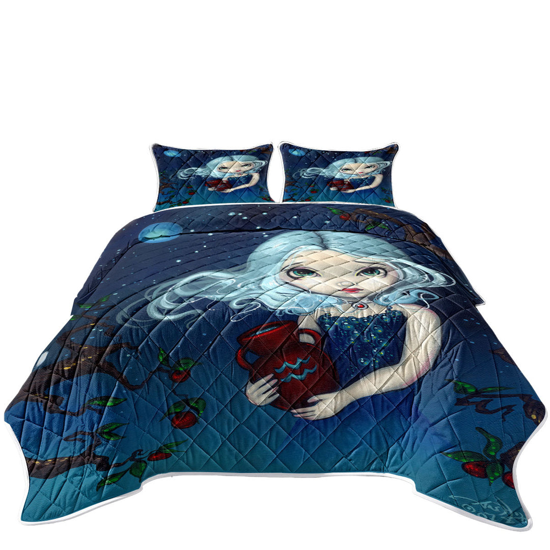 Cool Zodiac Art Aquarius Night Girl King Size Quilt Sets