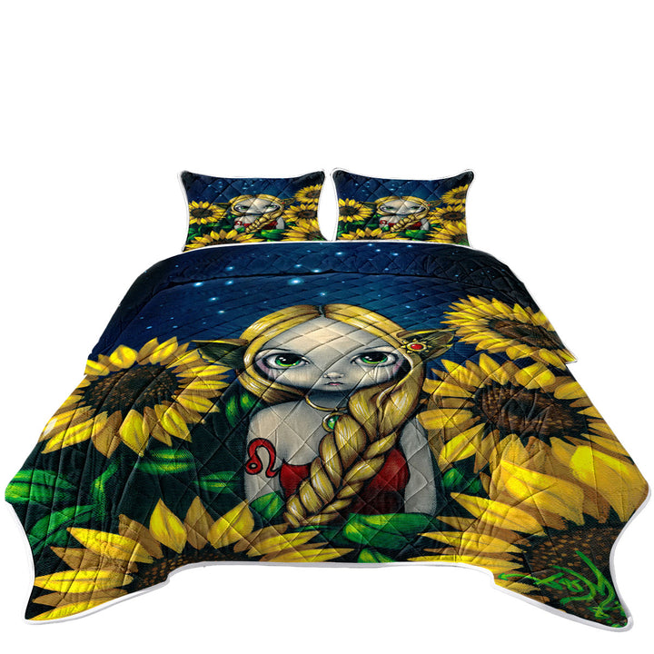 Cool Zodiac Art Leo Sunflower Night Elf Girl King Size Bedspreads
