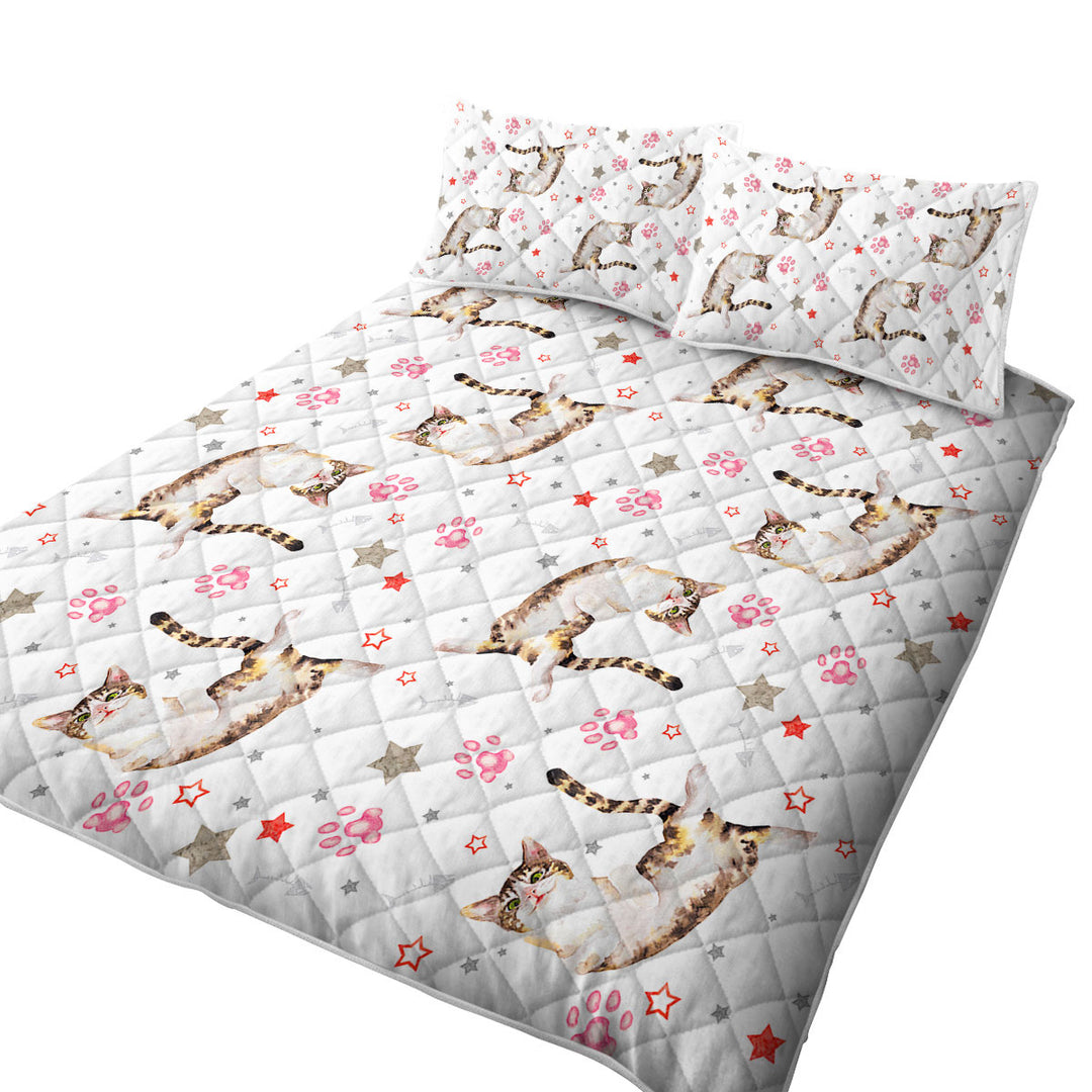 Coverlet with Adorable Cat and Paws Pattern