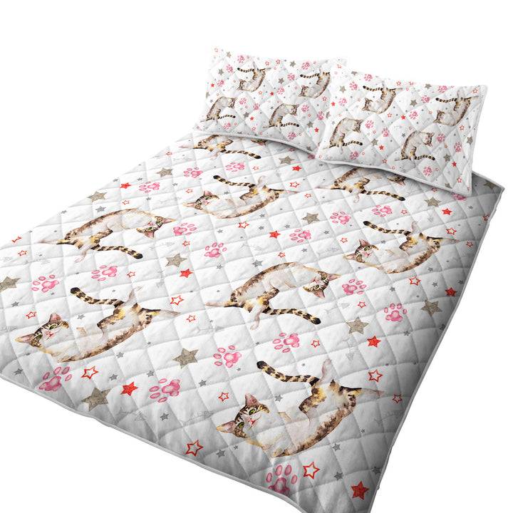 Coverlet with Adorable Cat and Paws Pattern