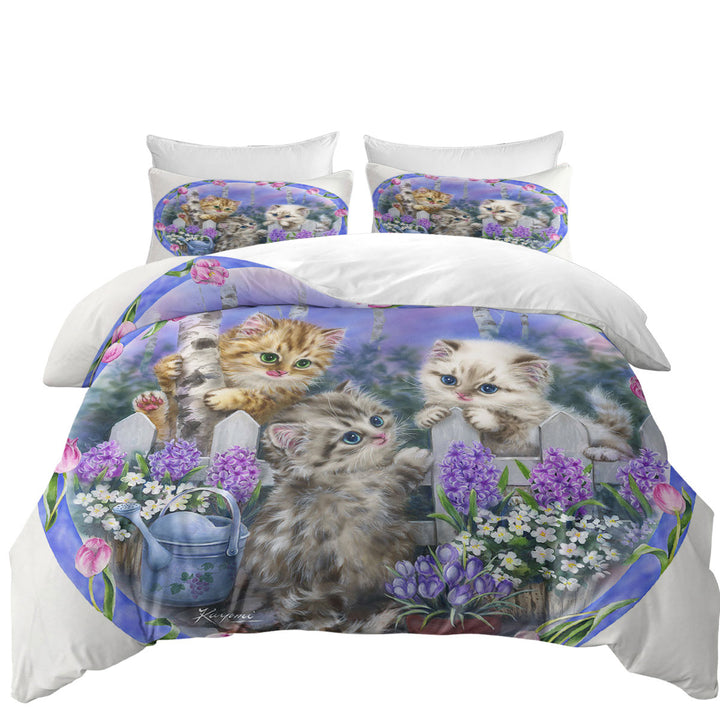 Coverlet with Adorable Cats Drawing Flowers and Kitten Garden