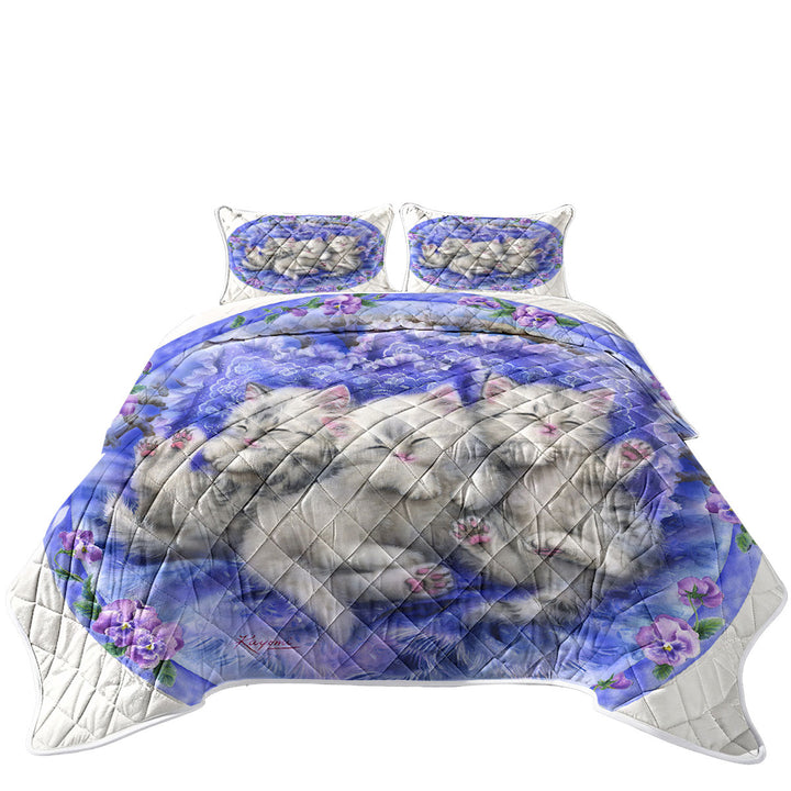 Coverlet with Adorable Cute Three White Kittens on Purple